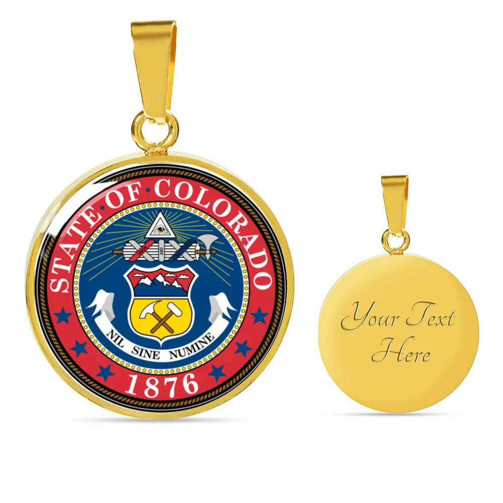 Colorado State Seal Personalized Engraved Gold Circle Necklace Custom Name Date